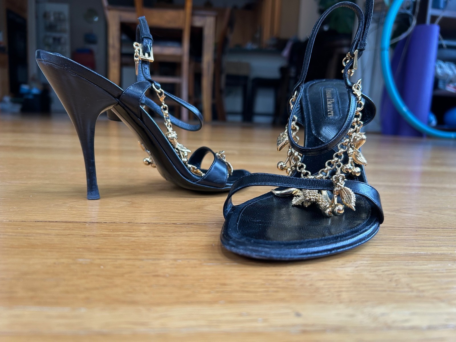 CESARE PACIOTTI Black Leather Charm-Embellished Slingback Sandals IT 37 Good Box