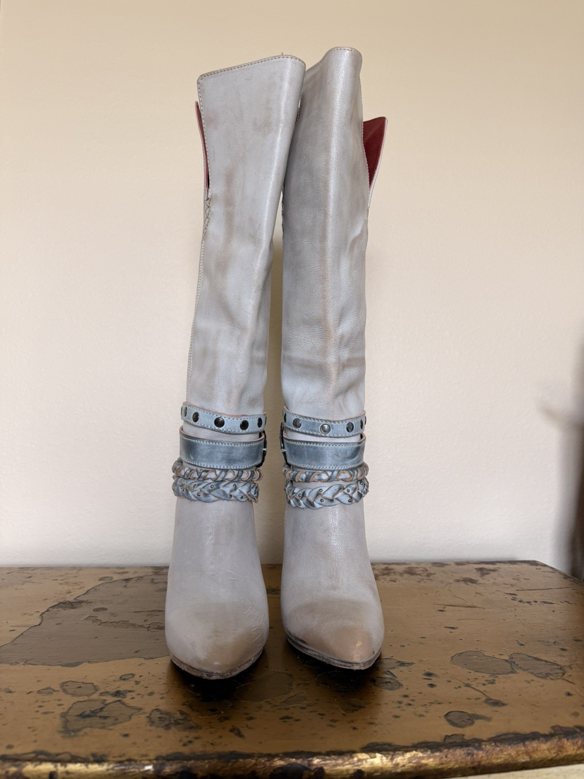 Freebird Juniper Cream Leather Braided Studded Knee High Boots Size 8
