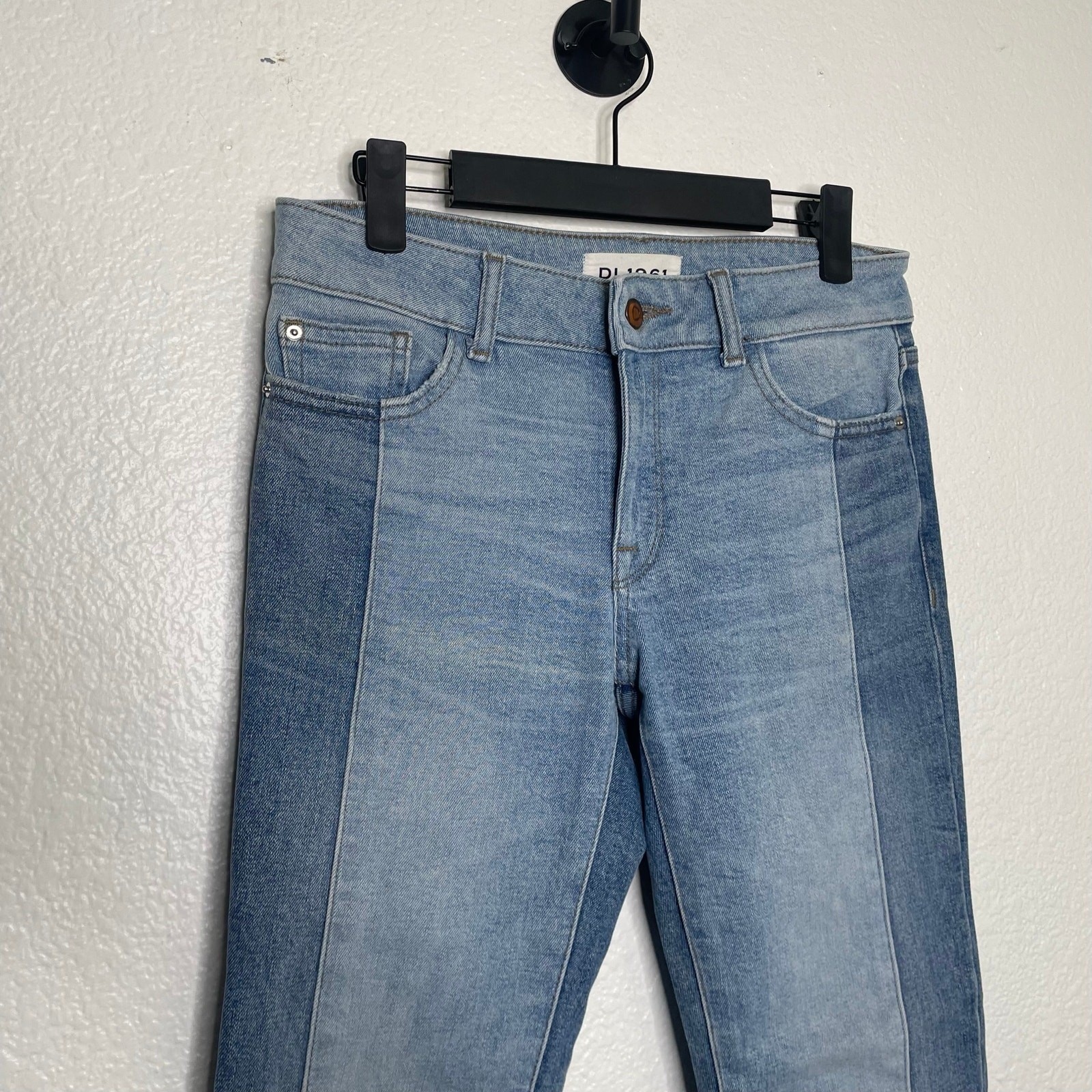 DL1961 Mara Straight Ankle Jeans Two Tone Colorblock Raw Hem Blue Size 26