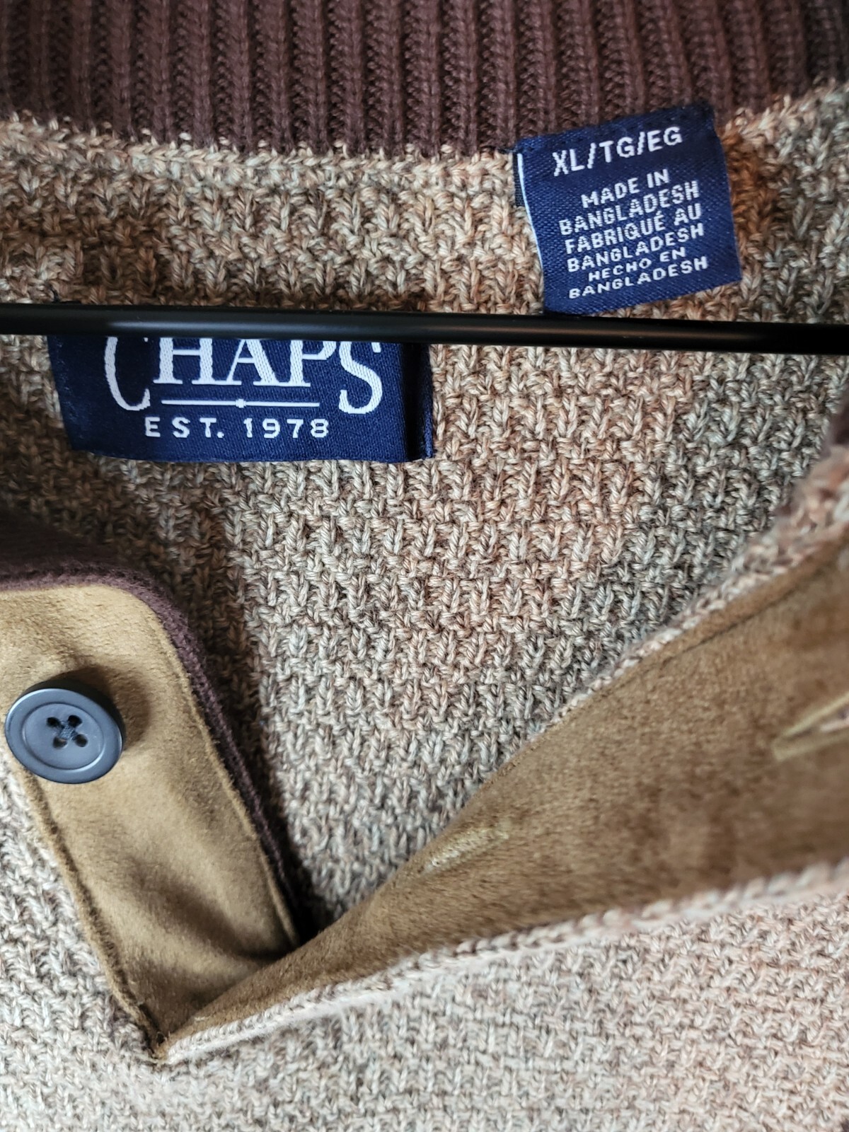Chaps Mens Cardigan Sweater Henley Elbow Pads Size XL Tan