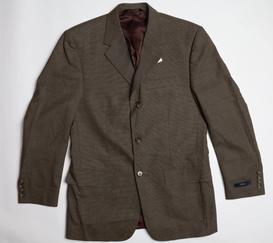 Hickey by Hickey Freeman Birdseye Wool Suit Size 38 R in Brown Black Plaid