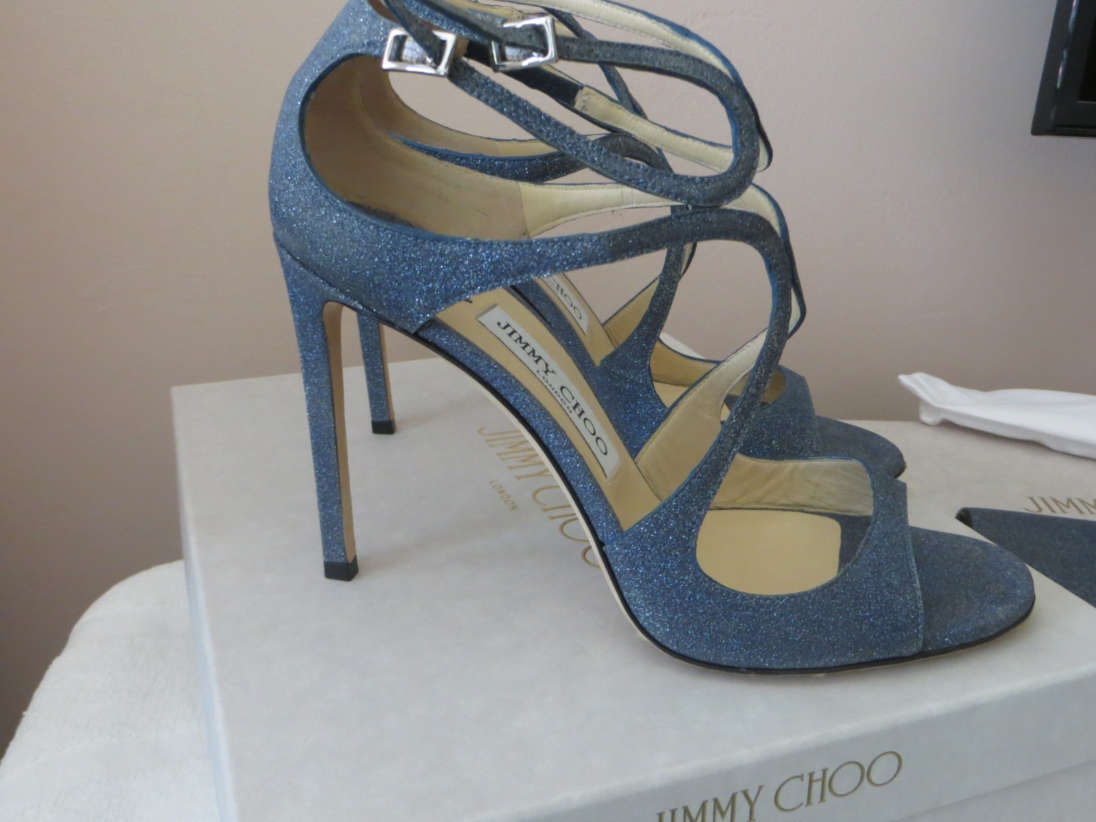 Pre-Owned Jimmy Choo Blue Fine Glitter Strappy Lang Sandal Heels 39M