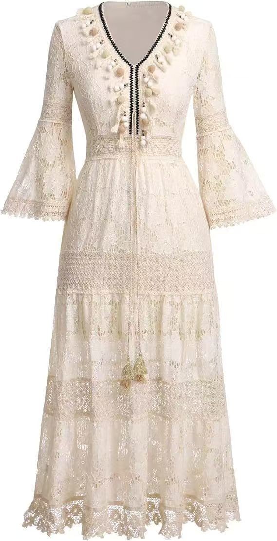 Women’s Boho Maxi Lace V Neck Flare Sleeve Dress Summer Party Beach Sundress New
