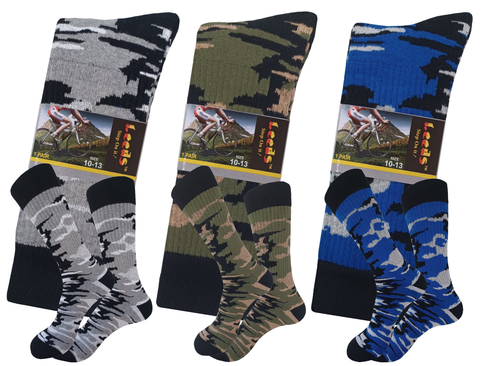 3 PAIR COTTON CAMO CREW ARMY HIKING SOCKS SIZE 10-13 TRUE TO SIZE FULL CUSHION
