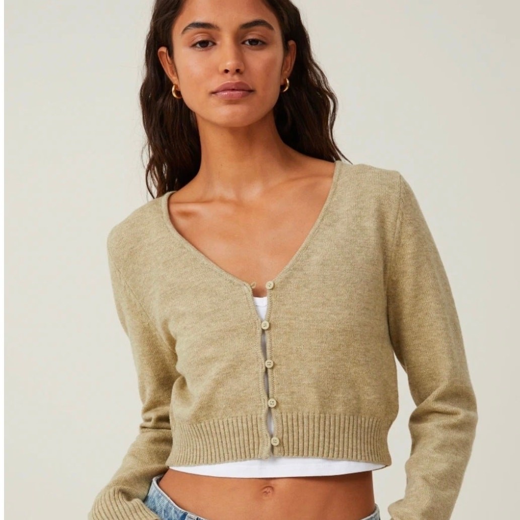 Cotton on: Everfine Crop V-Neck Button Cardigan in Olive leaf Marle M NWT