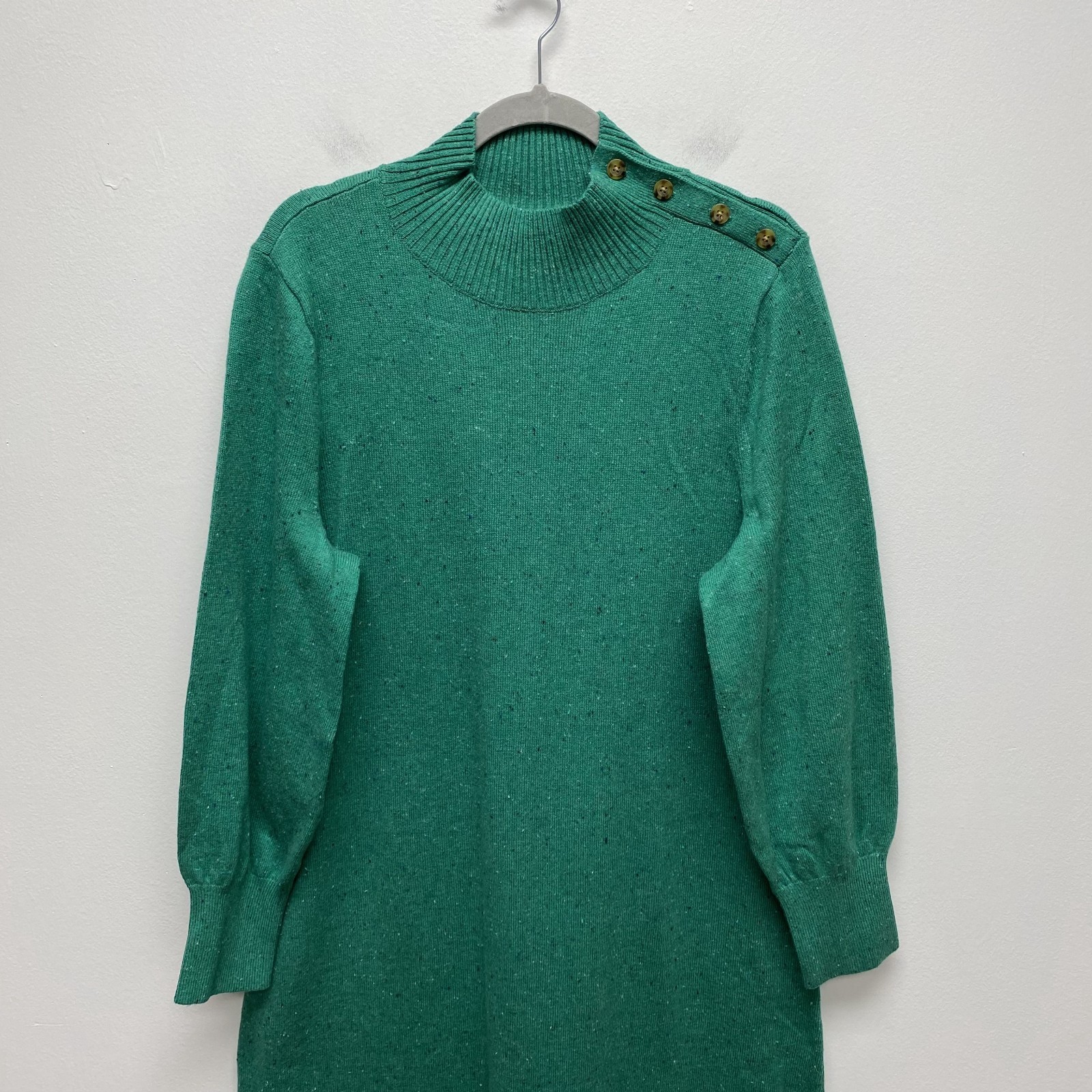 Talbots Mockneck Sweater Dress Green Blue Confetti Shaker Stitch Button Shift XL