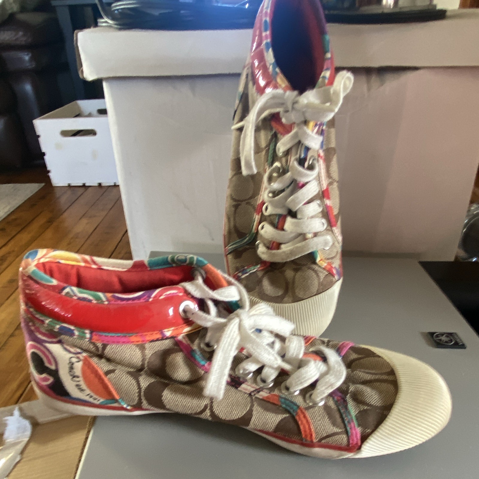 Coach High Top Logo Print Lace-Up Sneakers Brown Red White Multicolor