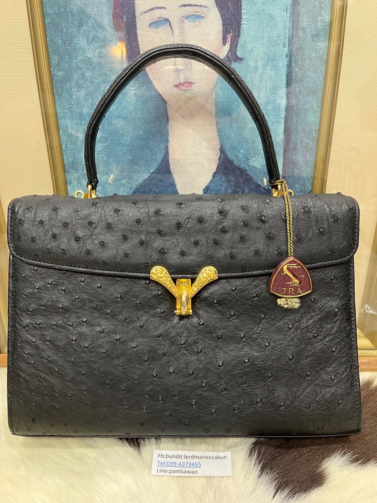 JRA Japan Ostrich Leather Handbag Genuine Exotic Leather Brown Vintage