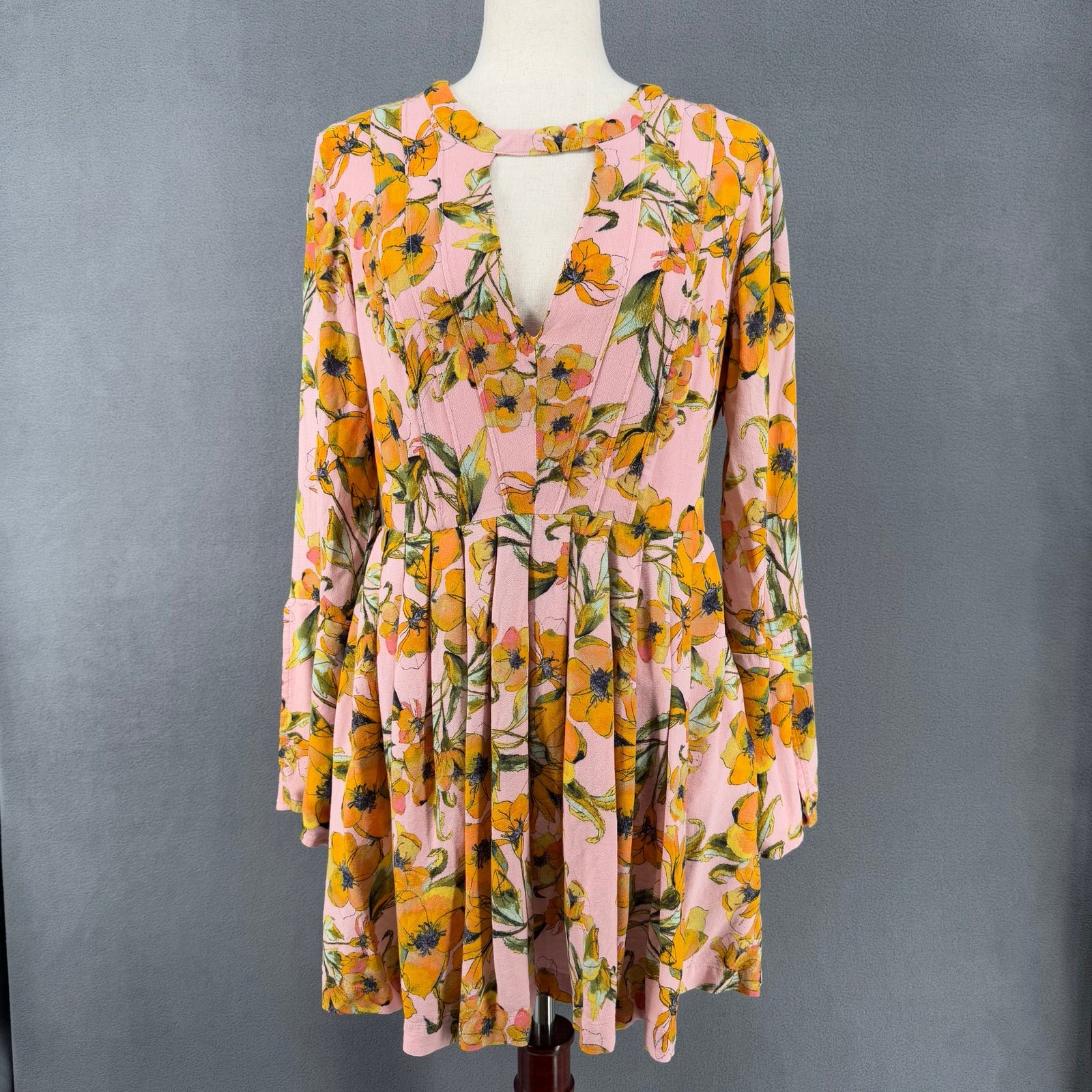 Free People Tegan Pink Floral Mini Dress 10 Pink Orange Long Bell Sleeve