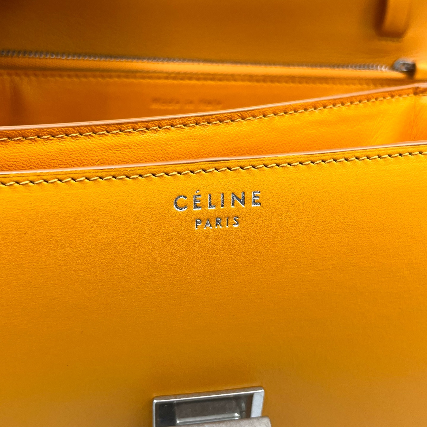 Authentic Celine Classic Box Smooth Calfskin Shoulder Bag Yellow Silver-Tone