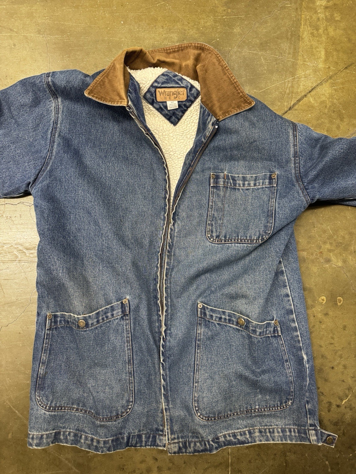 Vintage Wrangler Hero Sherpa Lined Denim Chore Barn Coat Jacket XLT Tall USA