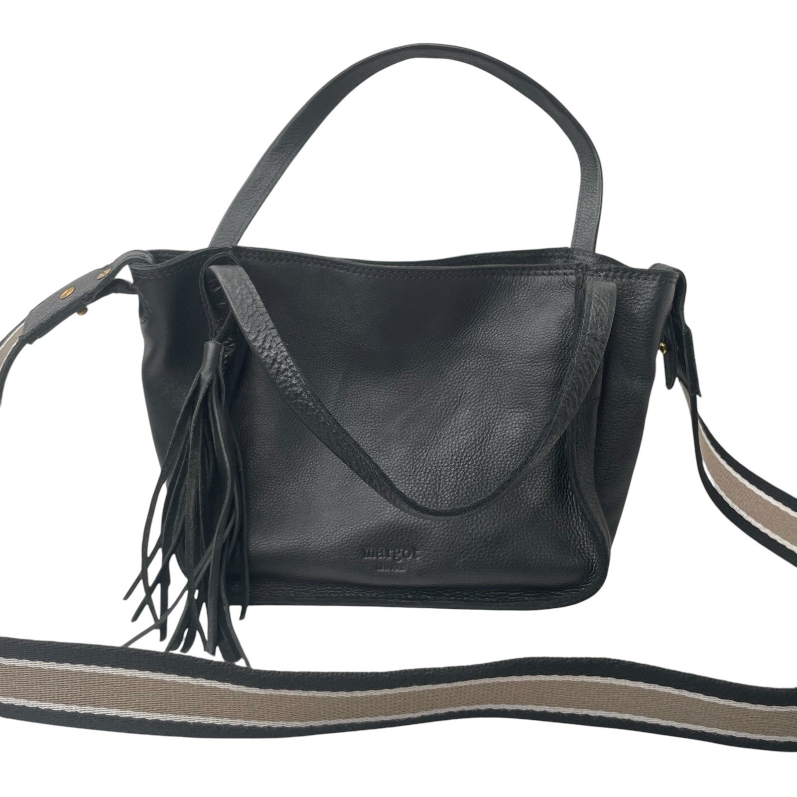 Margot Black Pebbled Leather Crossbody Purse Pockets Tassel 8x9x5 Inches