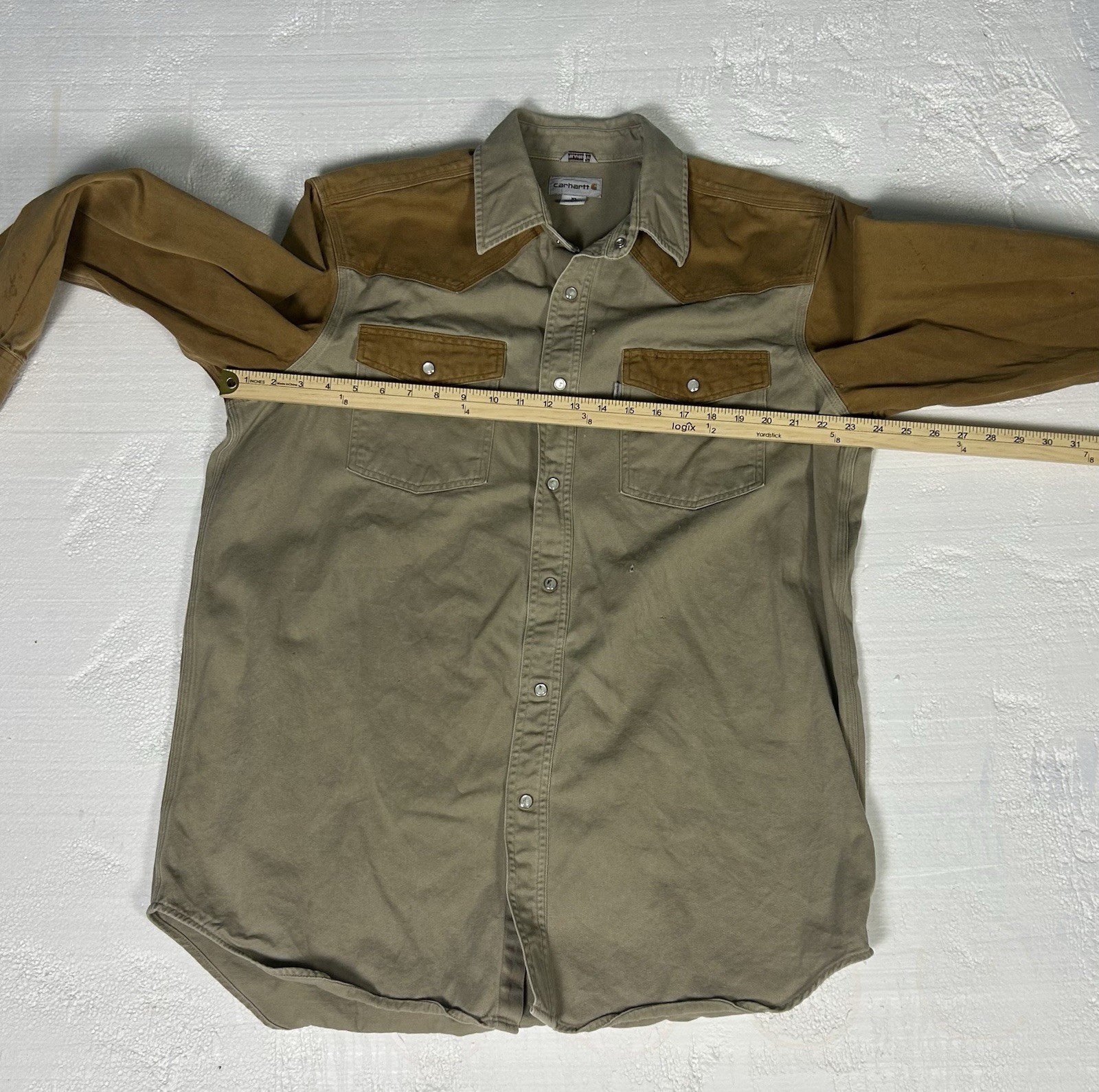 Carhartt Men’s Canvas Pearl Snap Shirt XL 2 Tone Color Block Brown Western