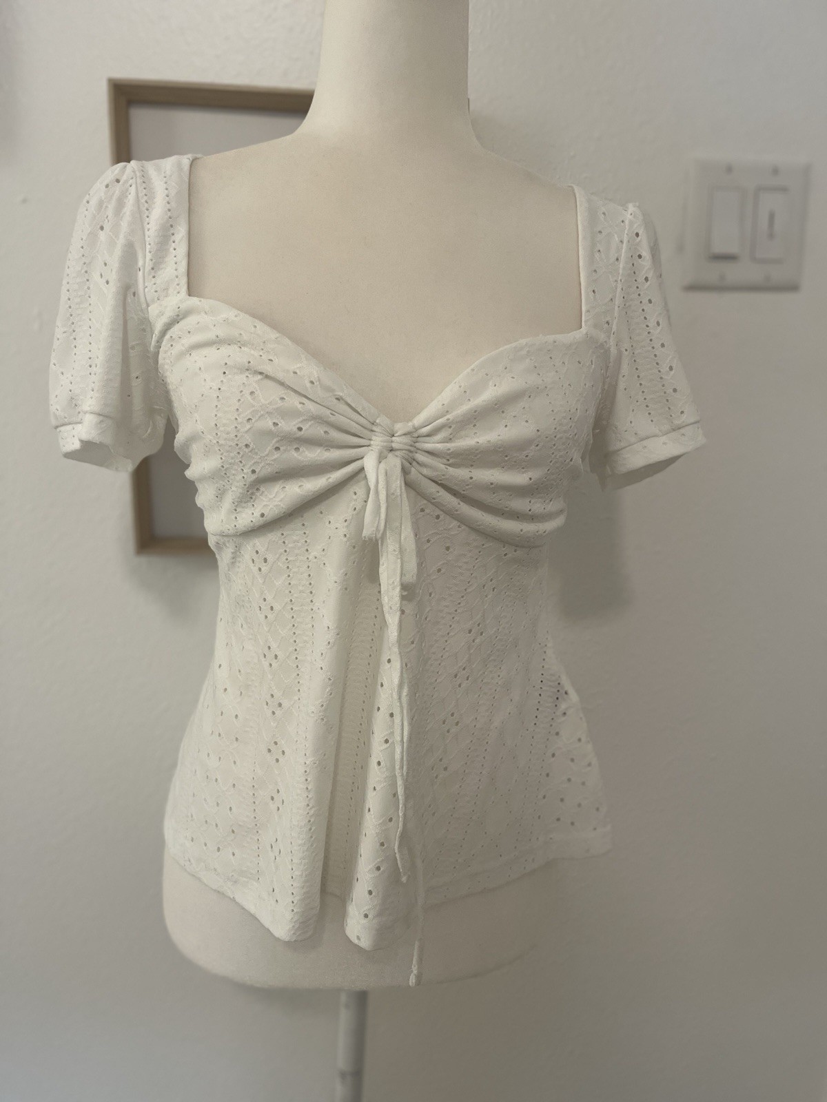 Shein Ruched Tie Front Flare Embroidery Eyelet Top Boho White