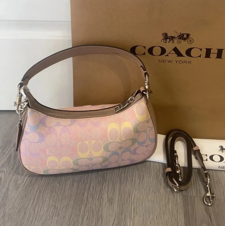 COACH Teri Shoulder Bag In Rainbow Signature Canvas & Leather CDA91 Silver/Sand