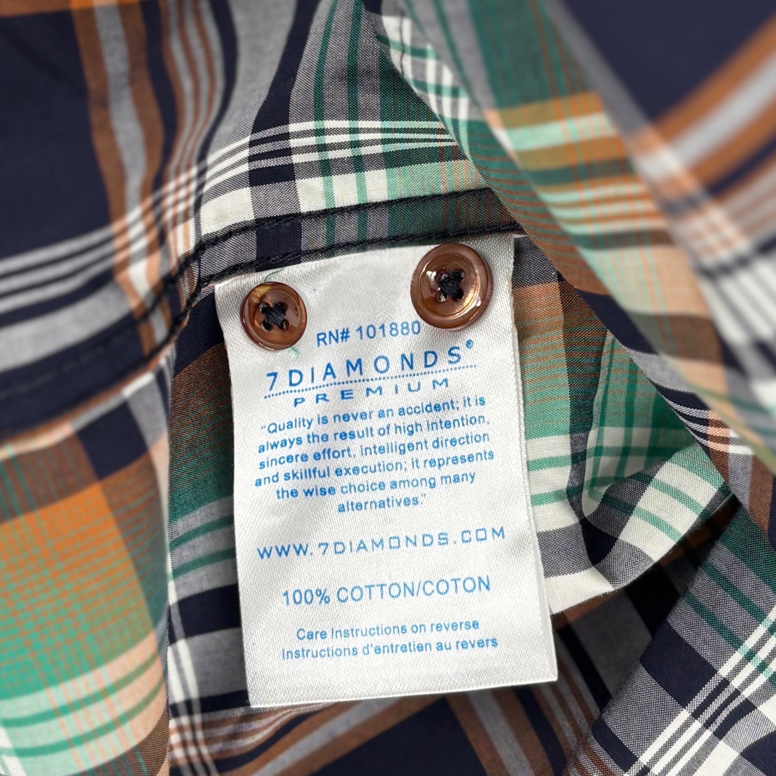 7 Diamonds Premium Mens Plaid Button Down Shirt L Pretzel Logic Navy Orng Green