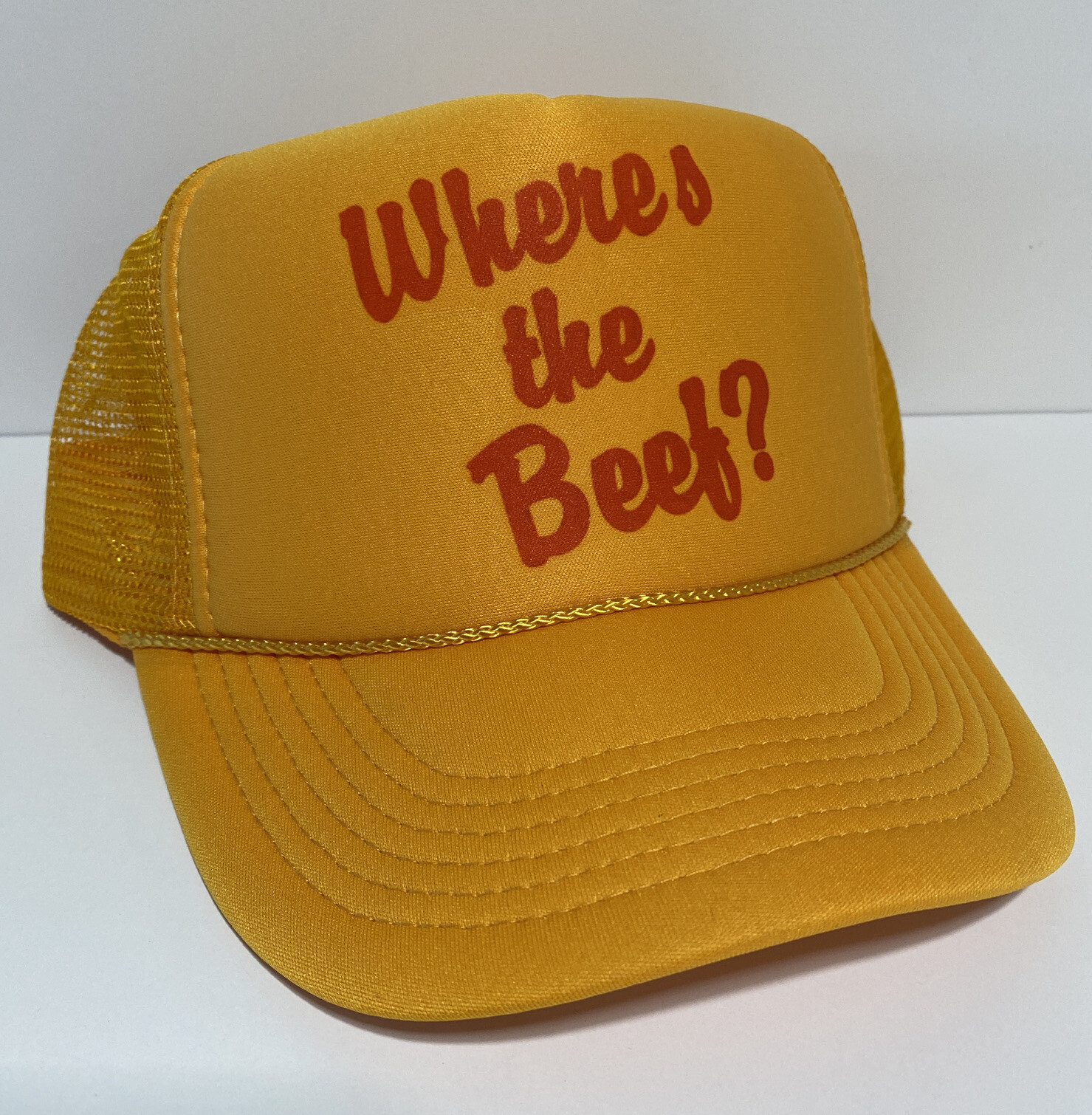 Vintage Where’s The Beef Hat Wendy’s Trucker Hat Adjustable Gold Fast Food Cap