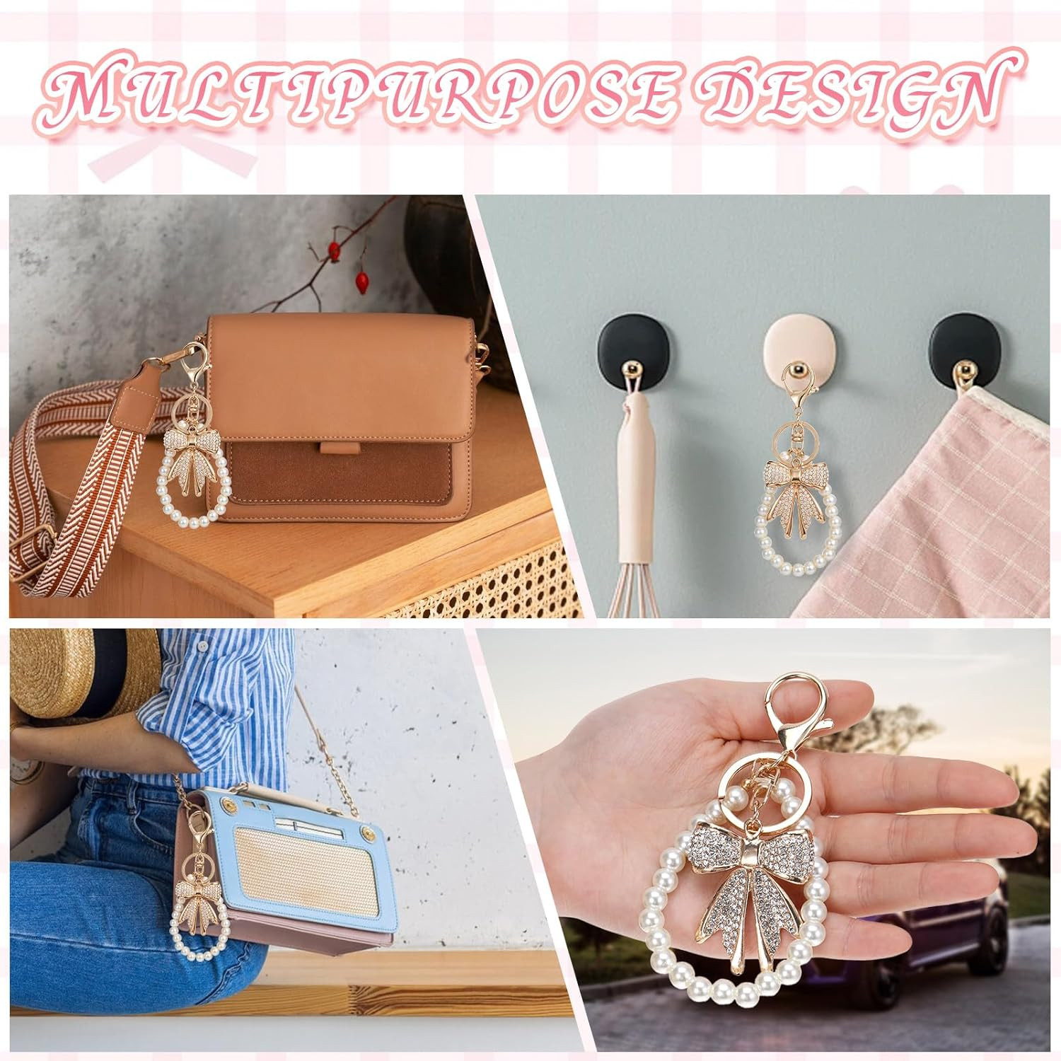 2 Pcs White Rhinestone Bowknot Keychain Imitation Pearl Chains Sparkly Bow Purse