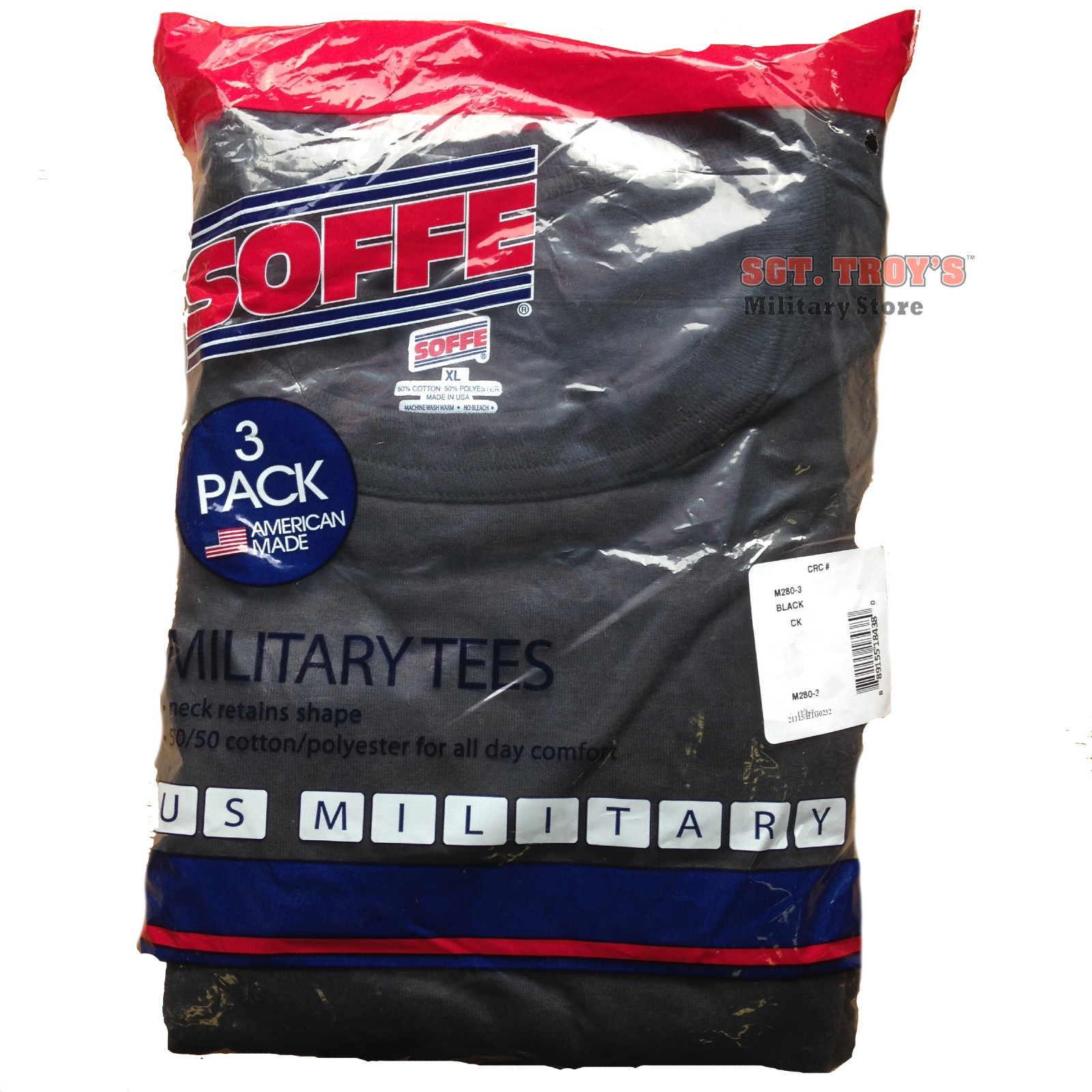 Soffe Tee Military Black T-Shirts M280 3PK 50/50 Poly/Cotton NEW USA Made