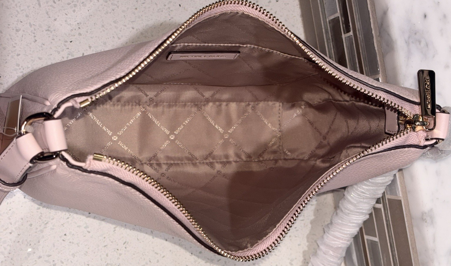 MICHAEL KORS NAYLA MEDIUM ZIP MESSENGER CROSSBODY BAG TOTE MK PINK LEATHER GOLD