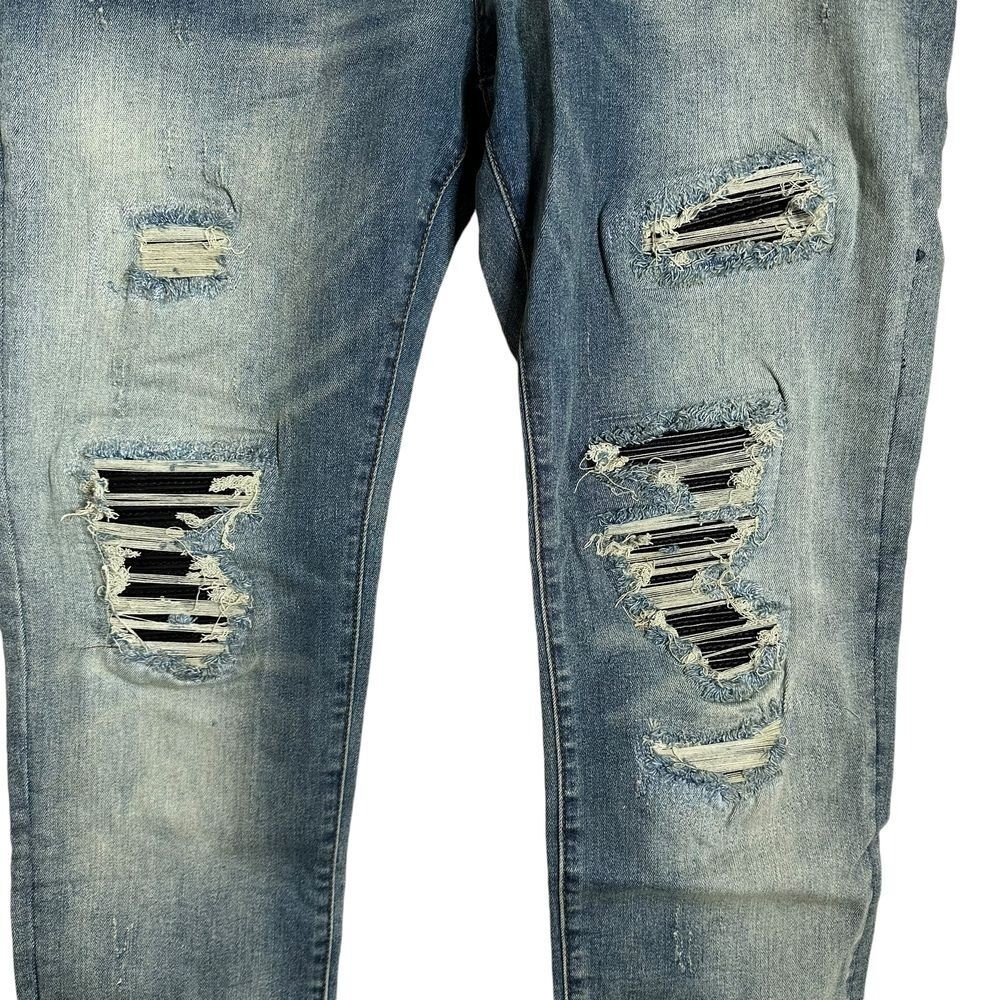 MNML Stretch Moto Denim Jeans Men Size 38 Blue Distressed Ripped Pants NEW