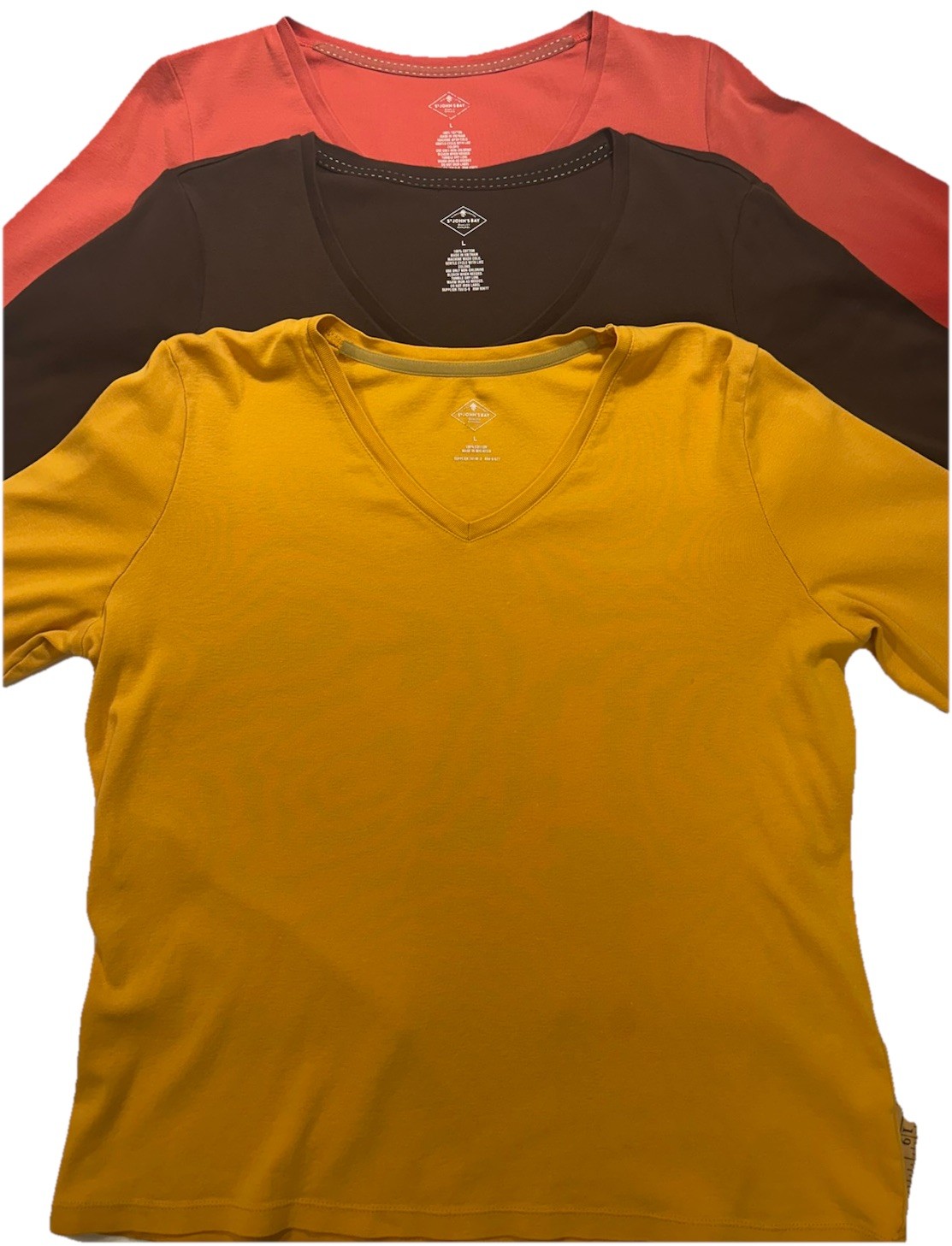 Women’s St. John’s Bay V-Neck T-Shirt Lot of 3 Orange, Brown, Mustard 3/4 Sleeve