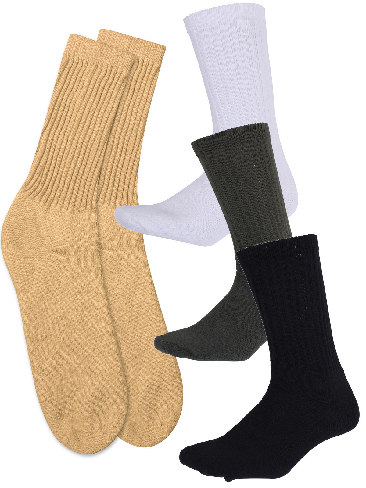 Athletic Crew Socks – White, Khaki, Black or Olive Drab – Cotton Poly U.S. Made