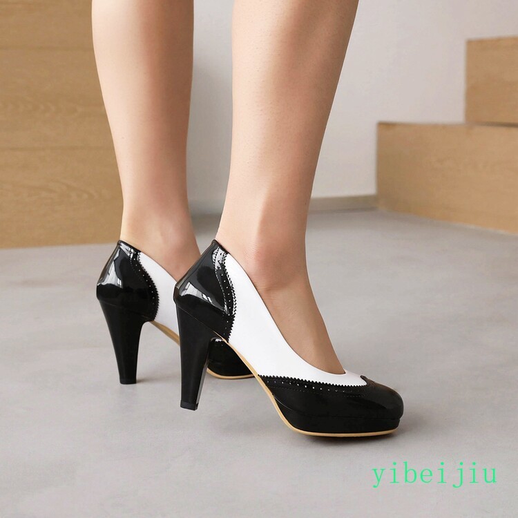 Women’s Fashion High Heel Dress Pumps Two Tone Colorblock Leather Shoes Wing Tip