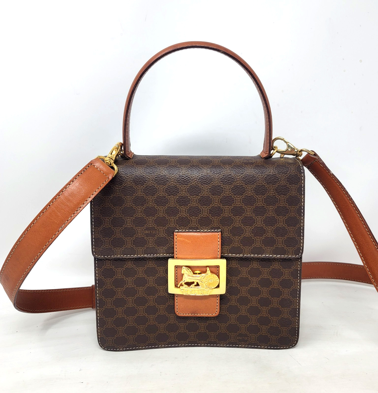Celine Horse Carriage Triomphe Canvas Leather Small Top Handle Crossbody Bag