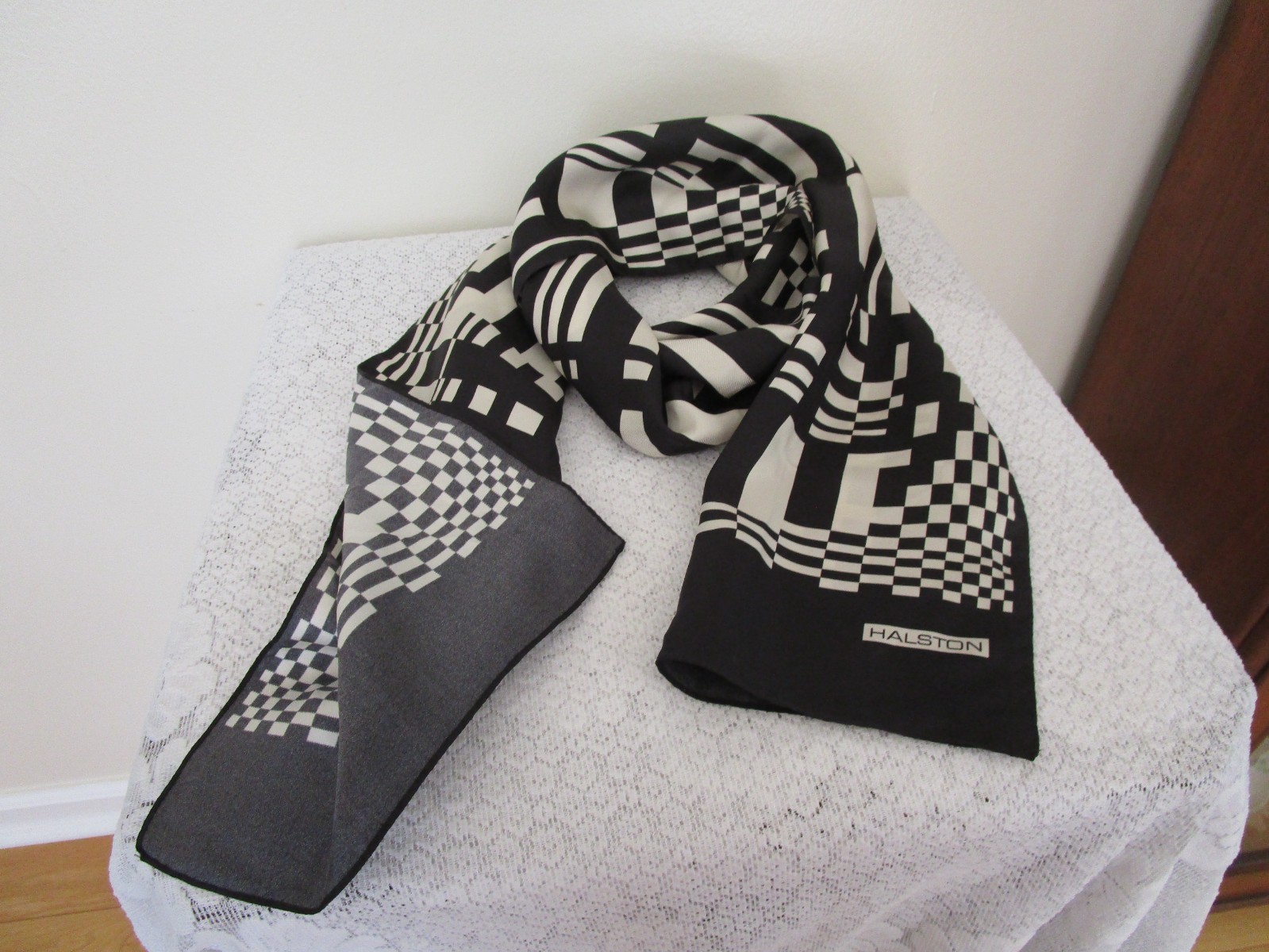 Halston Silk Scarf Black White Rectangle Signed 56” long 10.25” Wide XLNT
