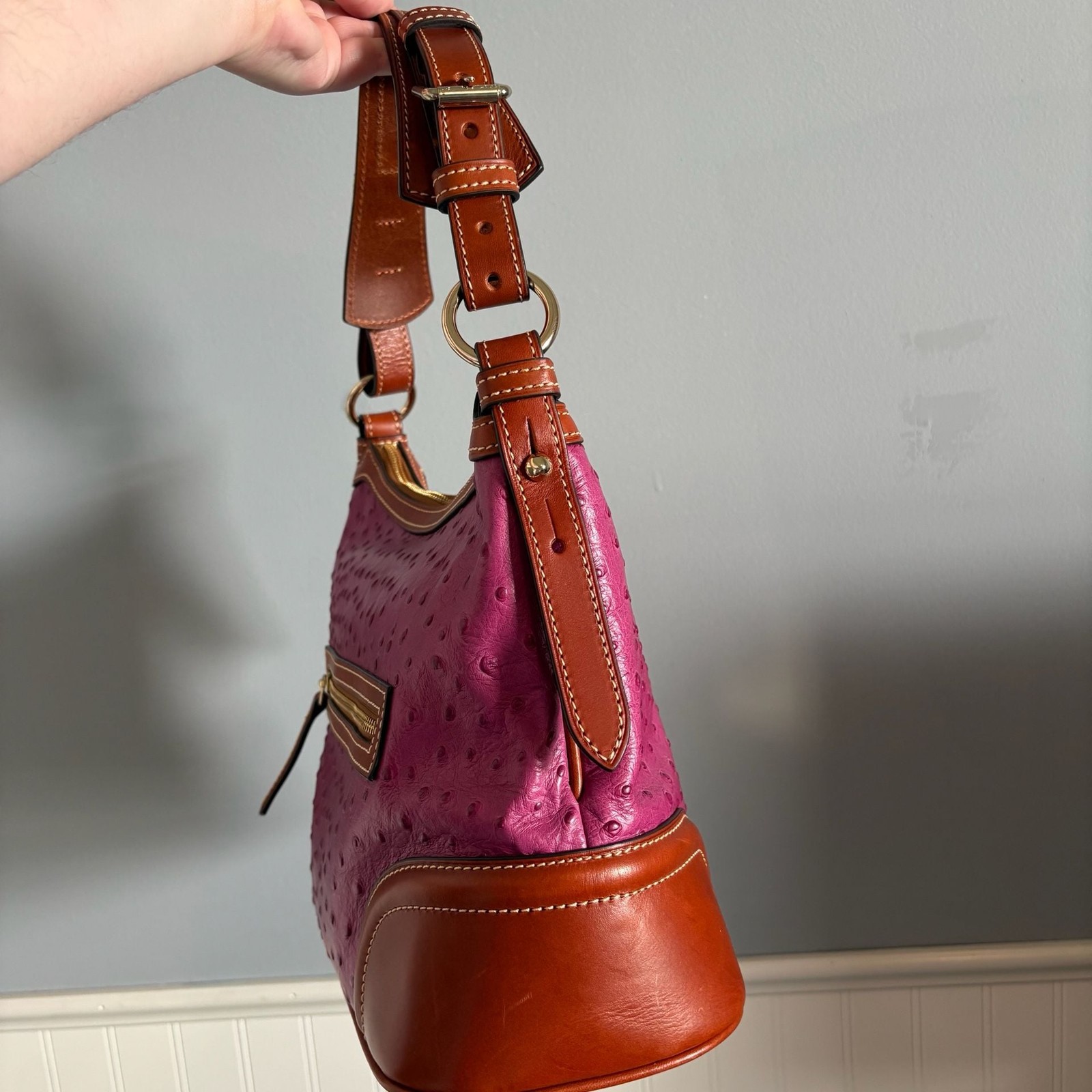 Dooney & Bourke Ostrich Embossed Leather Hobo Shoulder Bag in Fuchsia