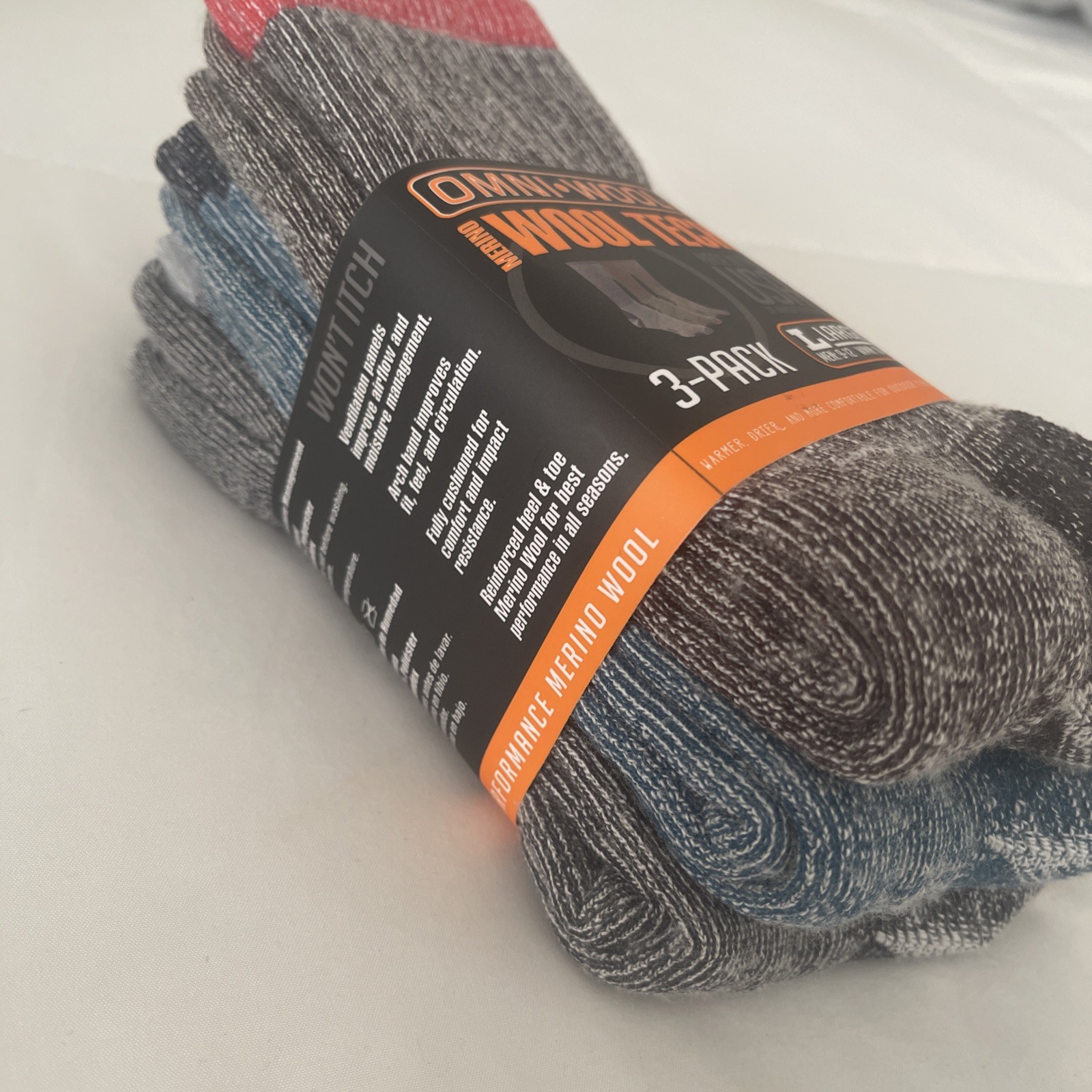 Omniwool 3-Pack Wool Tech Hiking Socks | Multicolor Size Large | New