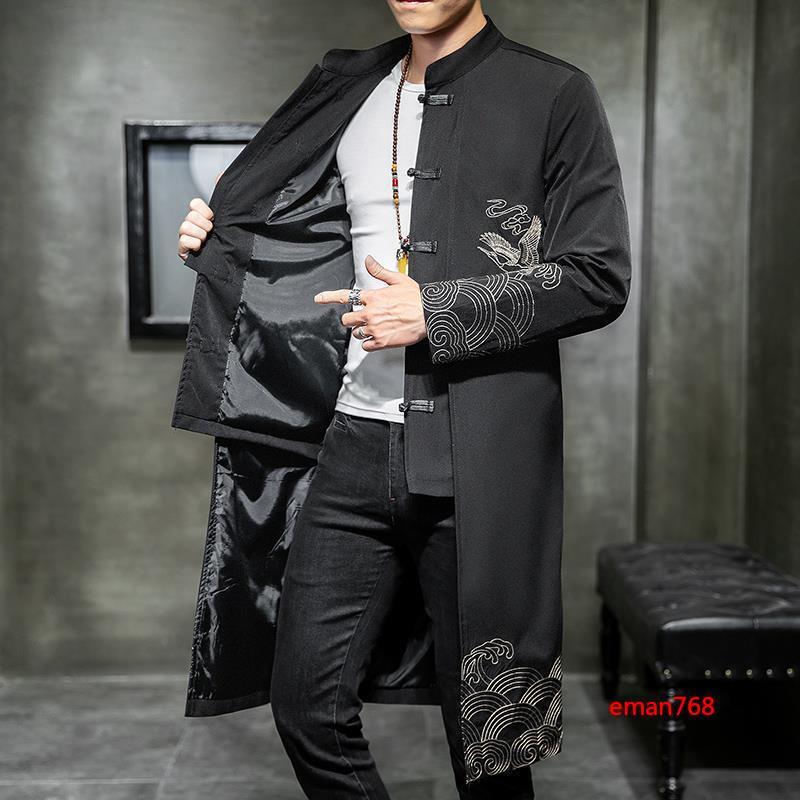 Chinese Style Tang Suit Jacket Mens Mid Long Buttons Slim Embroidery Coats Size