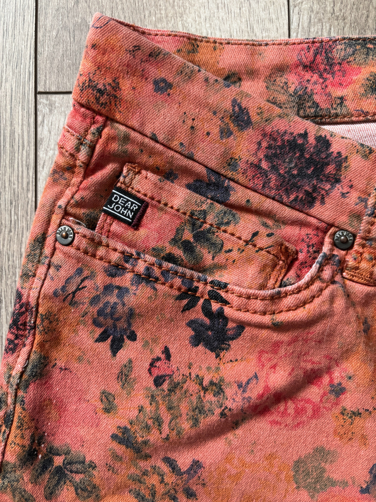 Dear John Coral Floral Print Ankle Skinny Jeans Womens Size 31 Guava Girl Boho