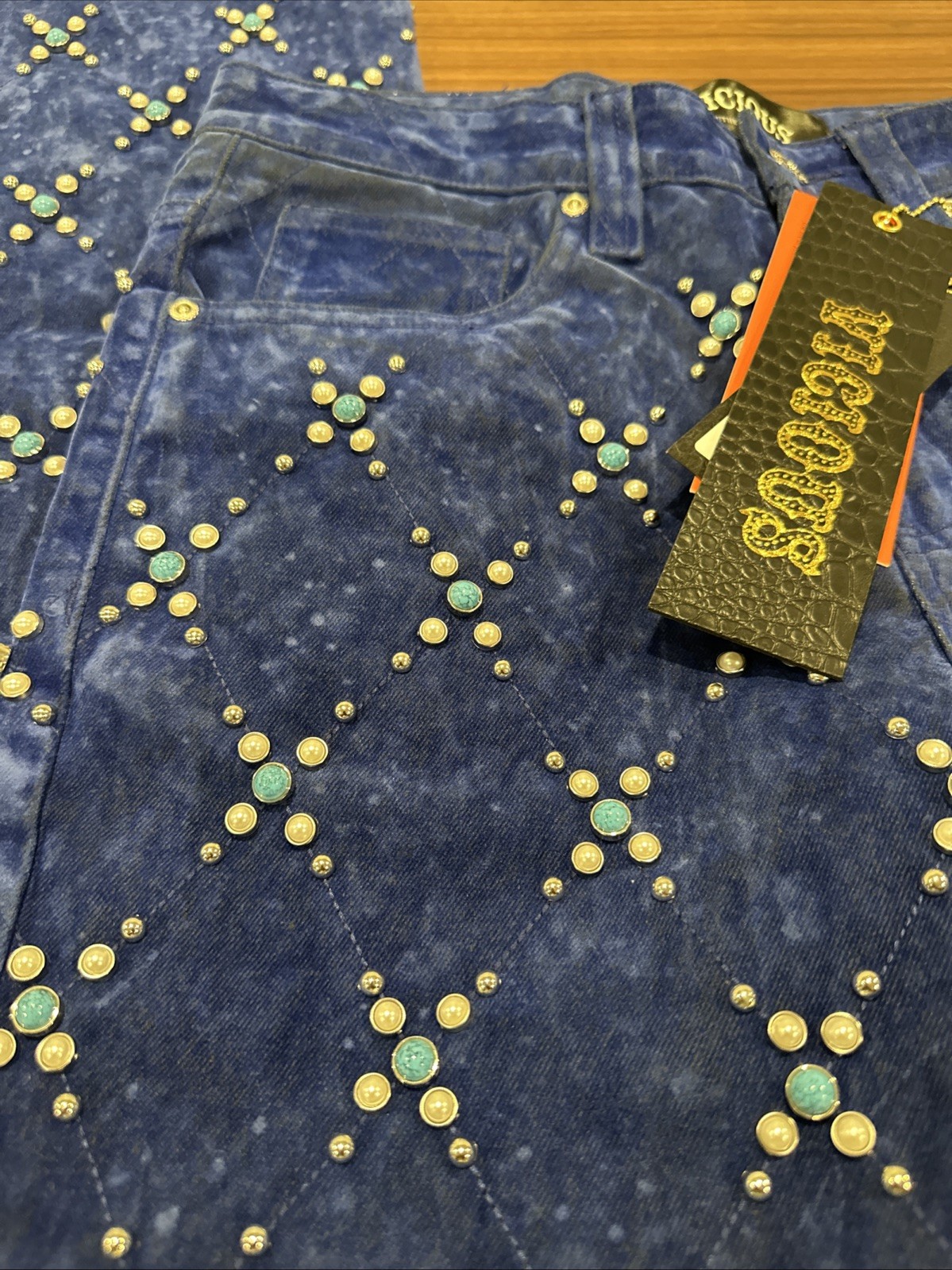 Viscious Velvet Jean Royal Size 30×34 Embellished Turquoise/Pearl/Studded Jewels