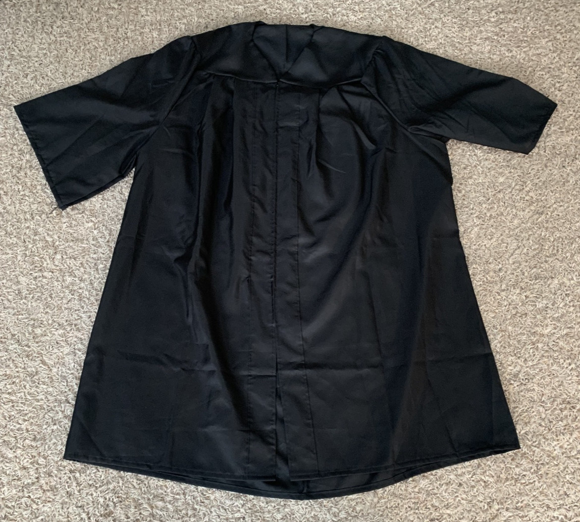 Black Graduation Gown Worn Once, Zip Front, 47.5″ Shoulder to Bottom