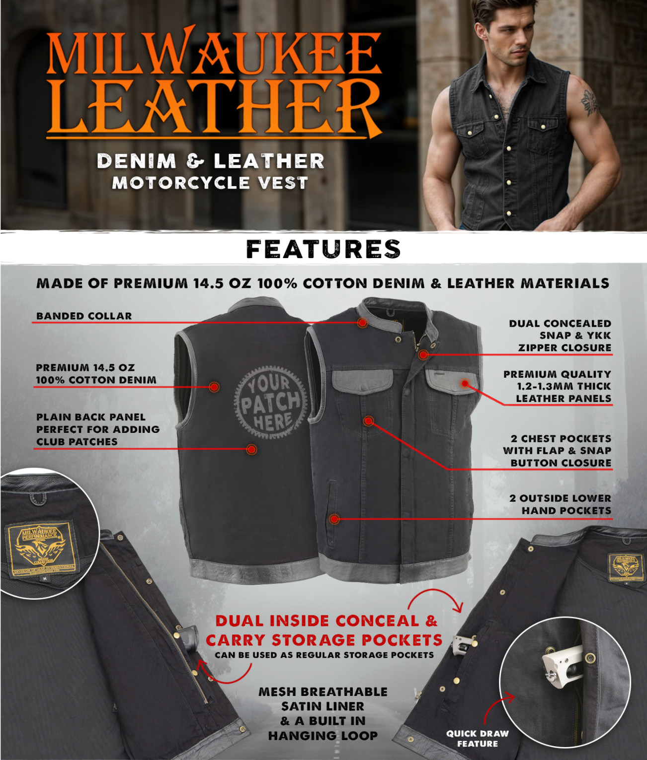Milwaukee Leather 3010 Men’s Black Denim Club Style Biker Vest with Leather Trim