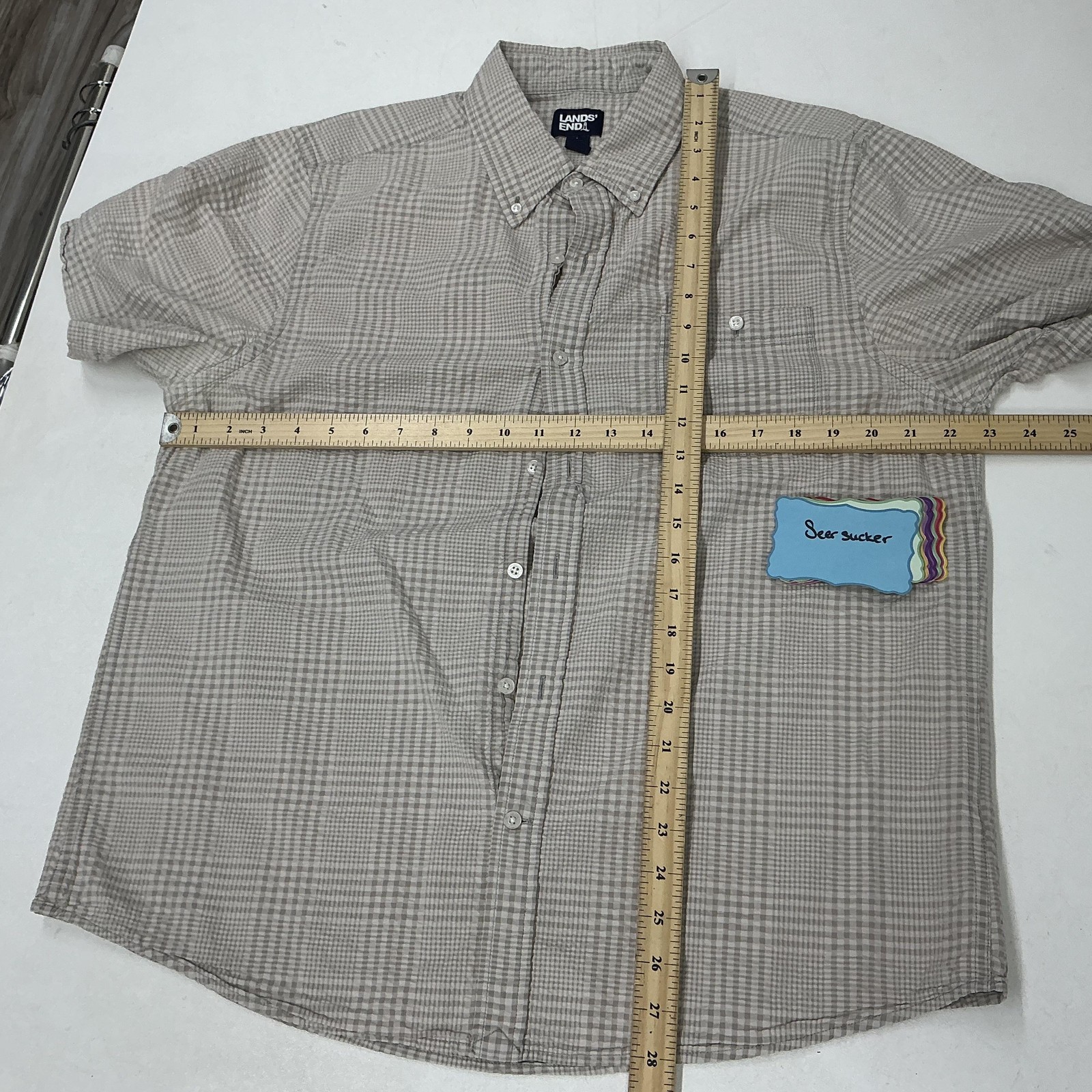 Lands’ End Shirt Mens Large Beige Check Short Sleeve Seersucker Cotton Casual