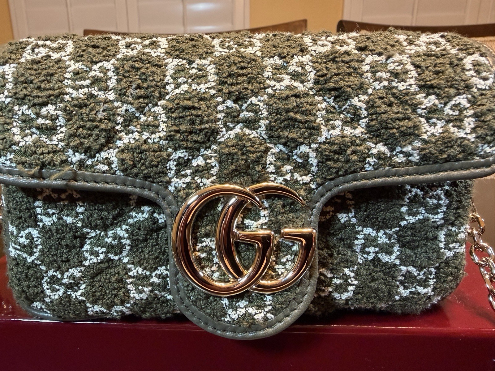 New Authentic Gucci GG Marmont Tweed Logo Shoulder Bag Mini Green