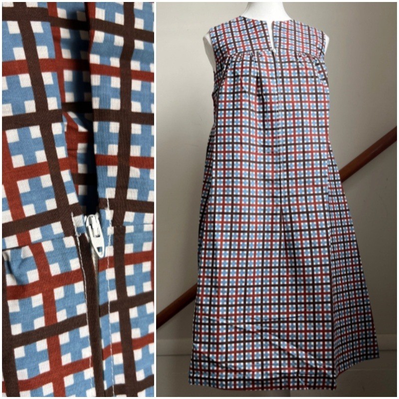 Vintage Plaid Midi Dress Mod MCM Geometric Sleeveless A-Line Muumuu House Coat