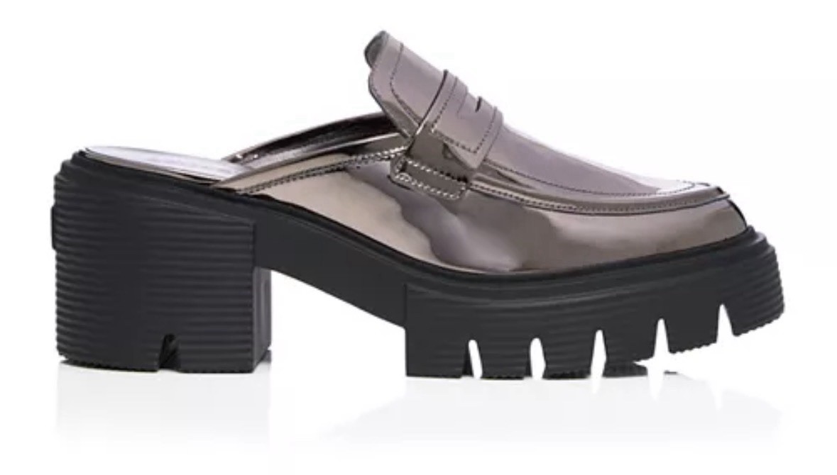 Stuart Weitzman Soho Platform Loafer Mules Mirror Metallic Pewter Lug Sole