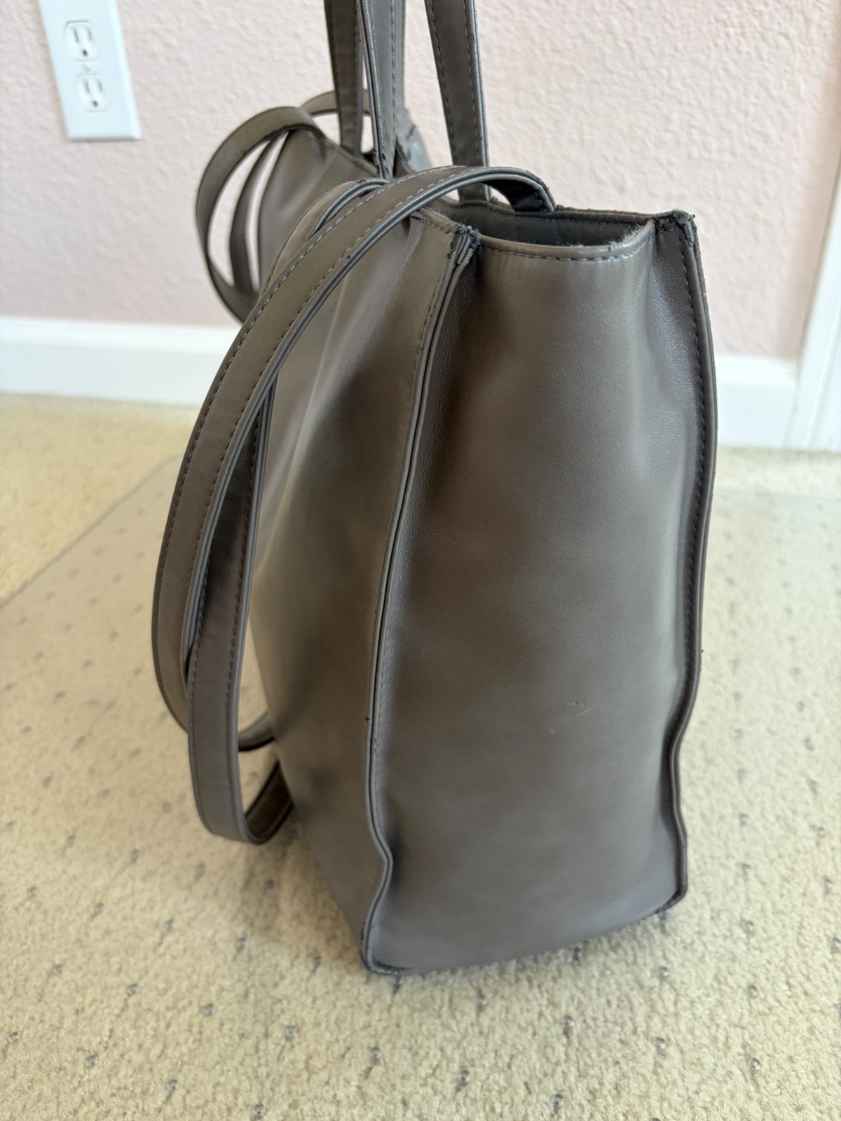 Authentic Telfar Medium Shopping Bag Grey Vegan Leather Shoulder Tote Fair Cond