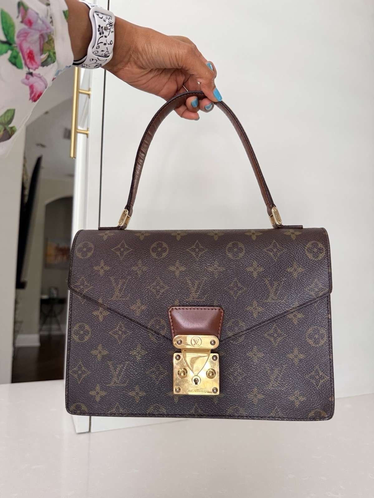 Louis Vuitton Monogram Brown Top Handle Bag Push Lock Gold HW Lock Logo Pockets