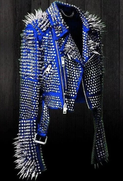 New Unisex Punk Rock Full Long Spiked Studded Brando Blue Leather Jackets-XS-5XL