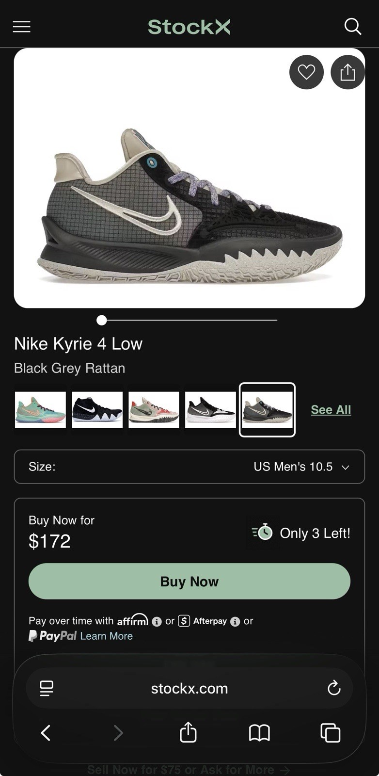 Nike Men’s Kyrie 4 Low Black Grey Rattan Size 10.5 Beaters Play Shoes Irving