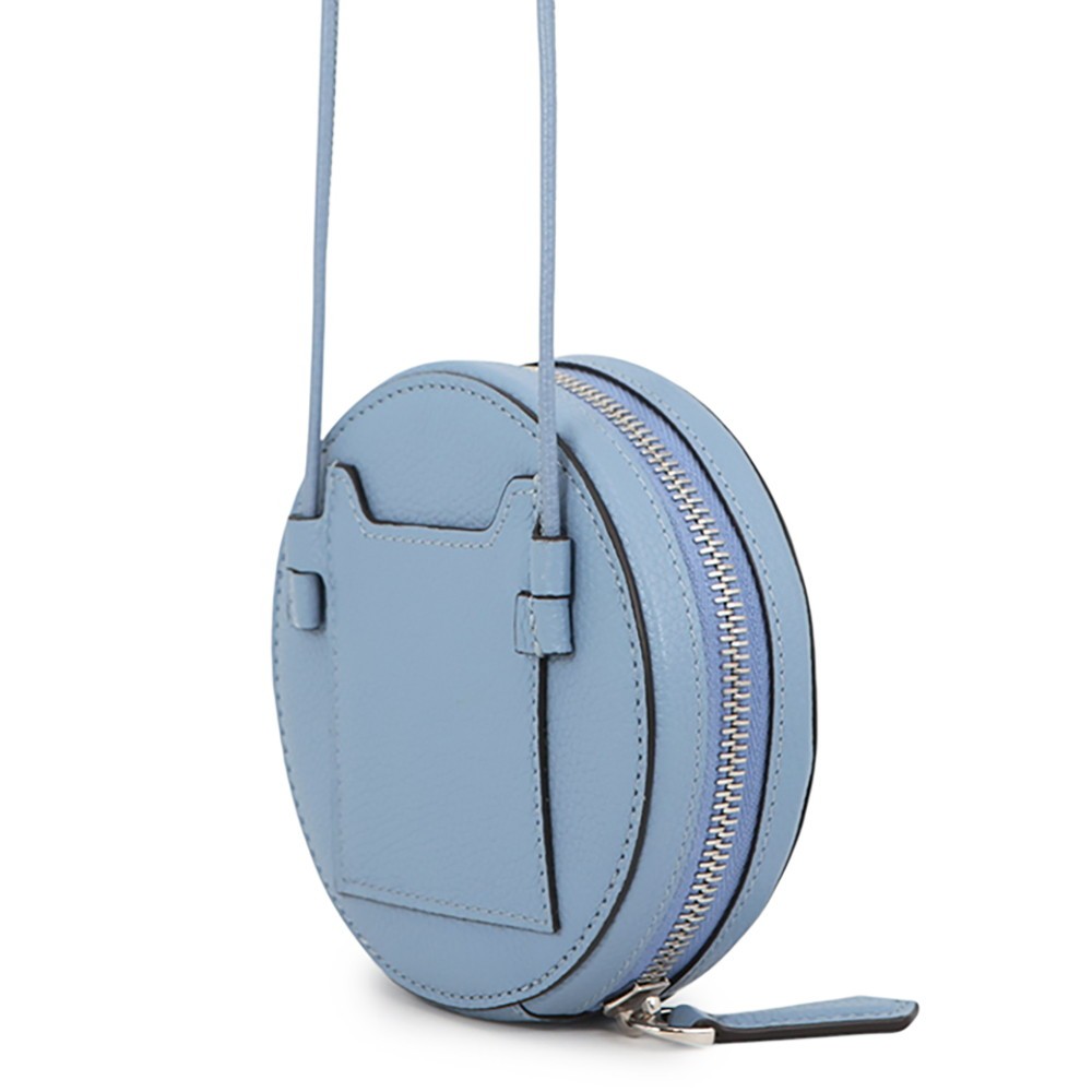 FENDI FF Logo Round Pouch Leather Light Blue 7M0359