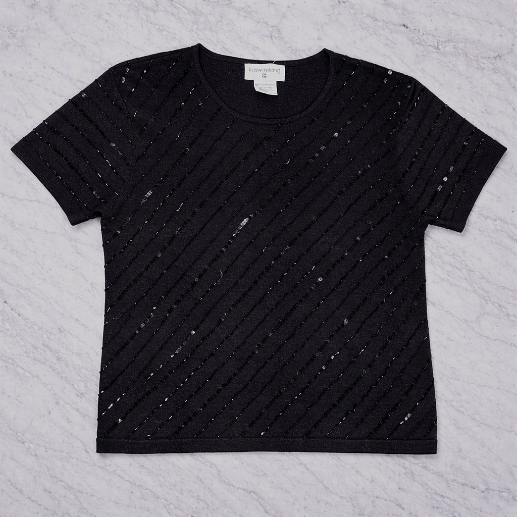 Kathy Ireland Black Sequin Sweater Top Women’s L • Short Sleeve • Sparkle • EUC