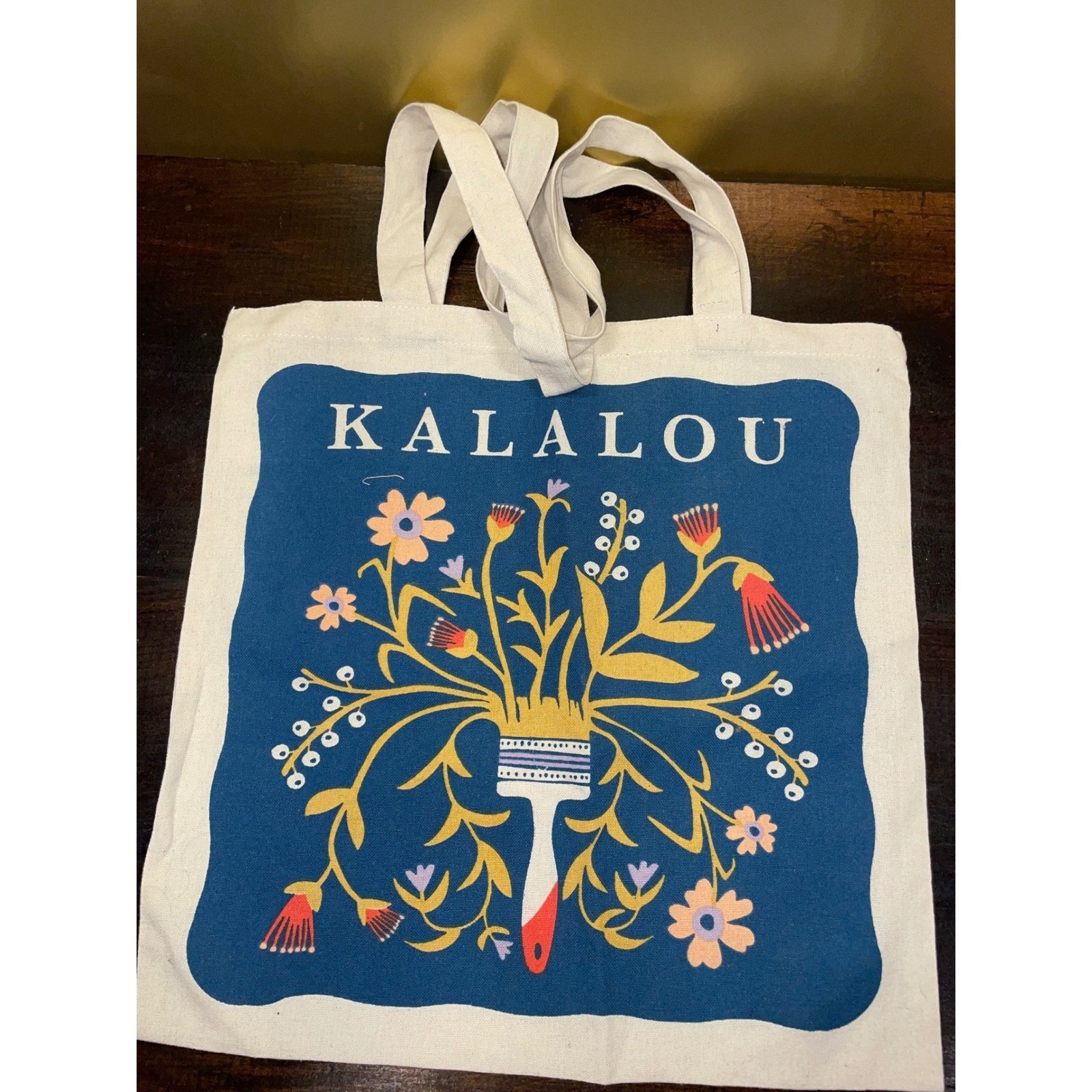 Kalalou Canvas Tote Bag Floral Paintbrush Design Blue White Large