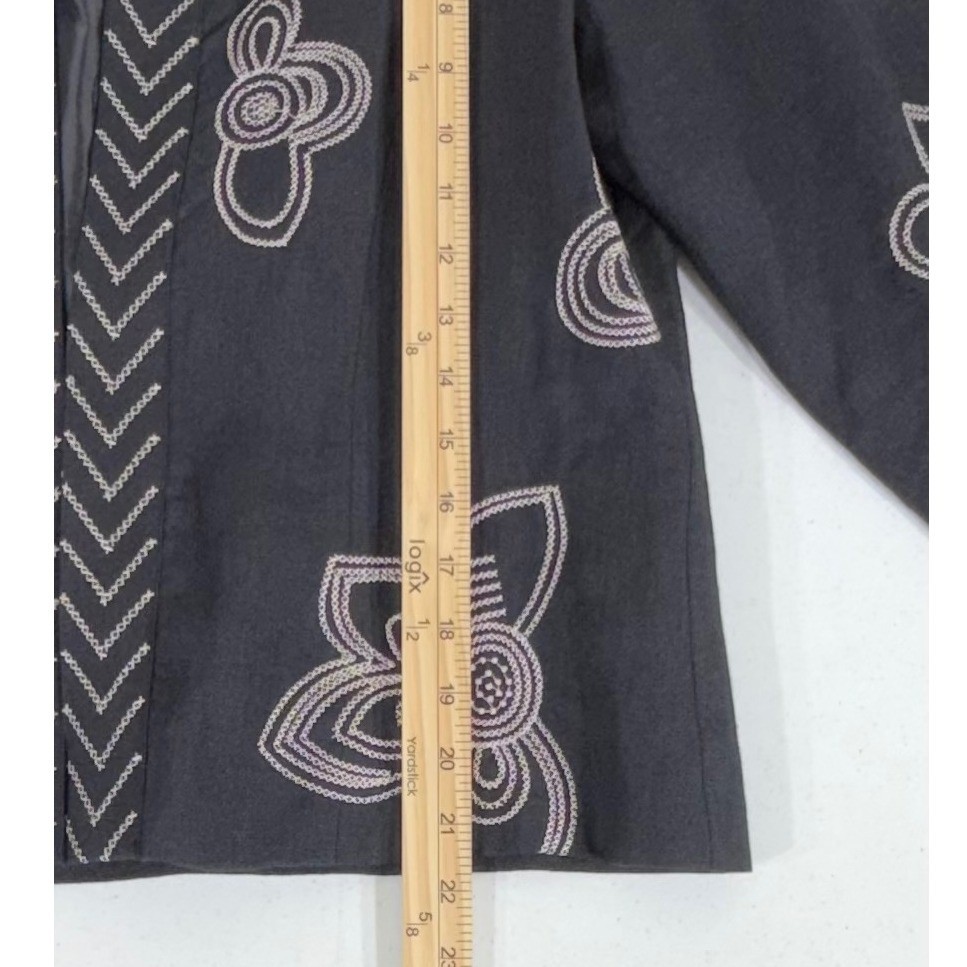 Saint Tropez West Linen Blazer Jacket Large Black Floral Embroidered Hook & Eye