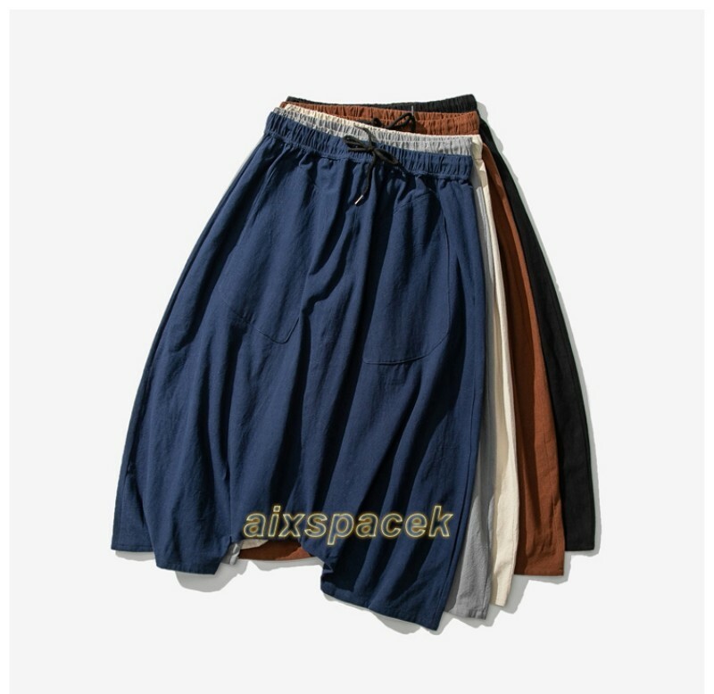 Summer Men’s Cotton Linen Drop Crotch Baggy Big Fork Pants Trouser Chinese